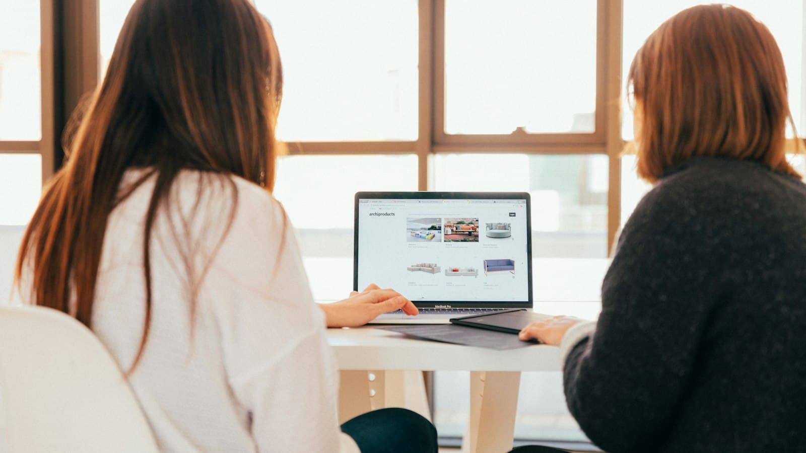 Two colleagues sitting side by side looking at the same laptop screen by a window