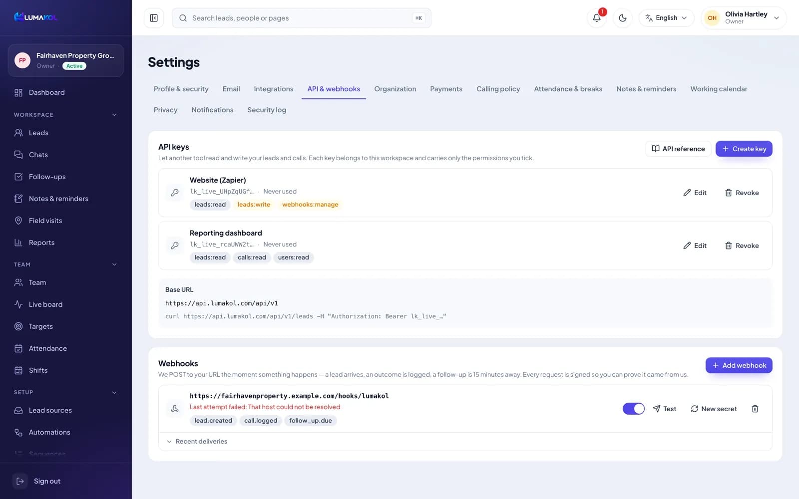 API keys and webhooks in Settings
