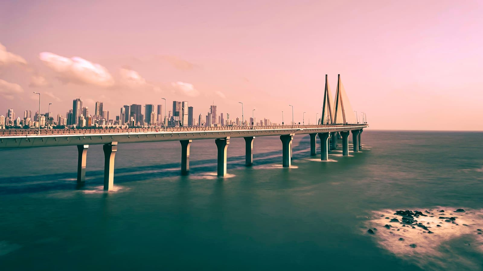 The Bandra–Worli Sea Link with the Mumbai skyline behind it
