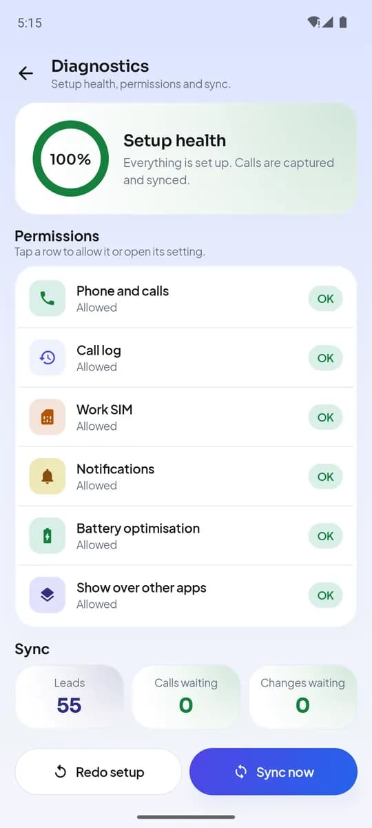 More → Diagnostics in the Android app: every permission with its current state and a setup health score
