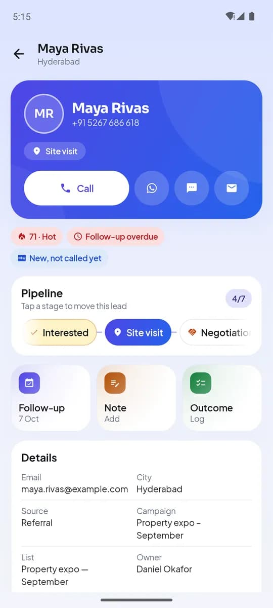 Lead detail with Call, WhatsApp and SMS buttons