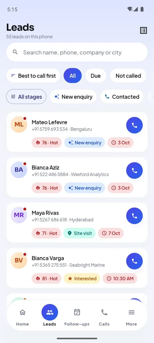 Leads on Android, filtered to what is due — with search across name, phone, company and city.