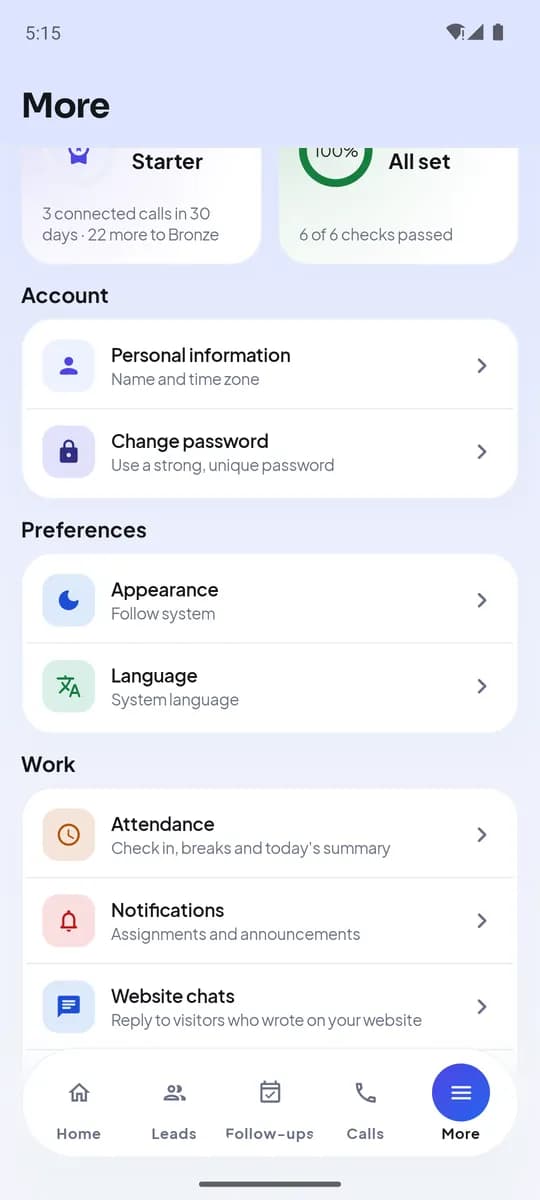 More screen with Preferences: Appearance and Language
