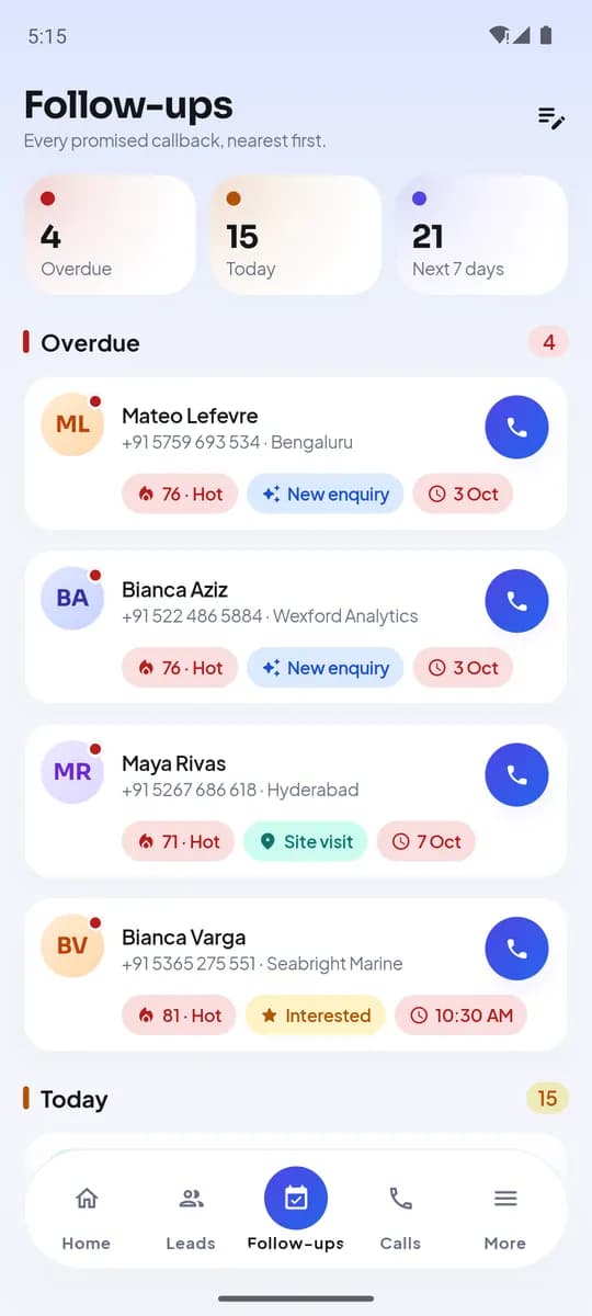 Follow-ups: overdue, today, next 7 days