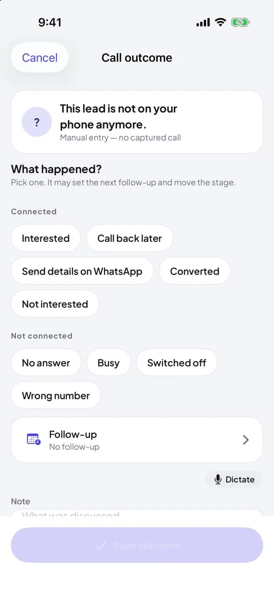 Call outcome screen on iPhone with grouped outcome chips
