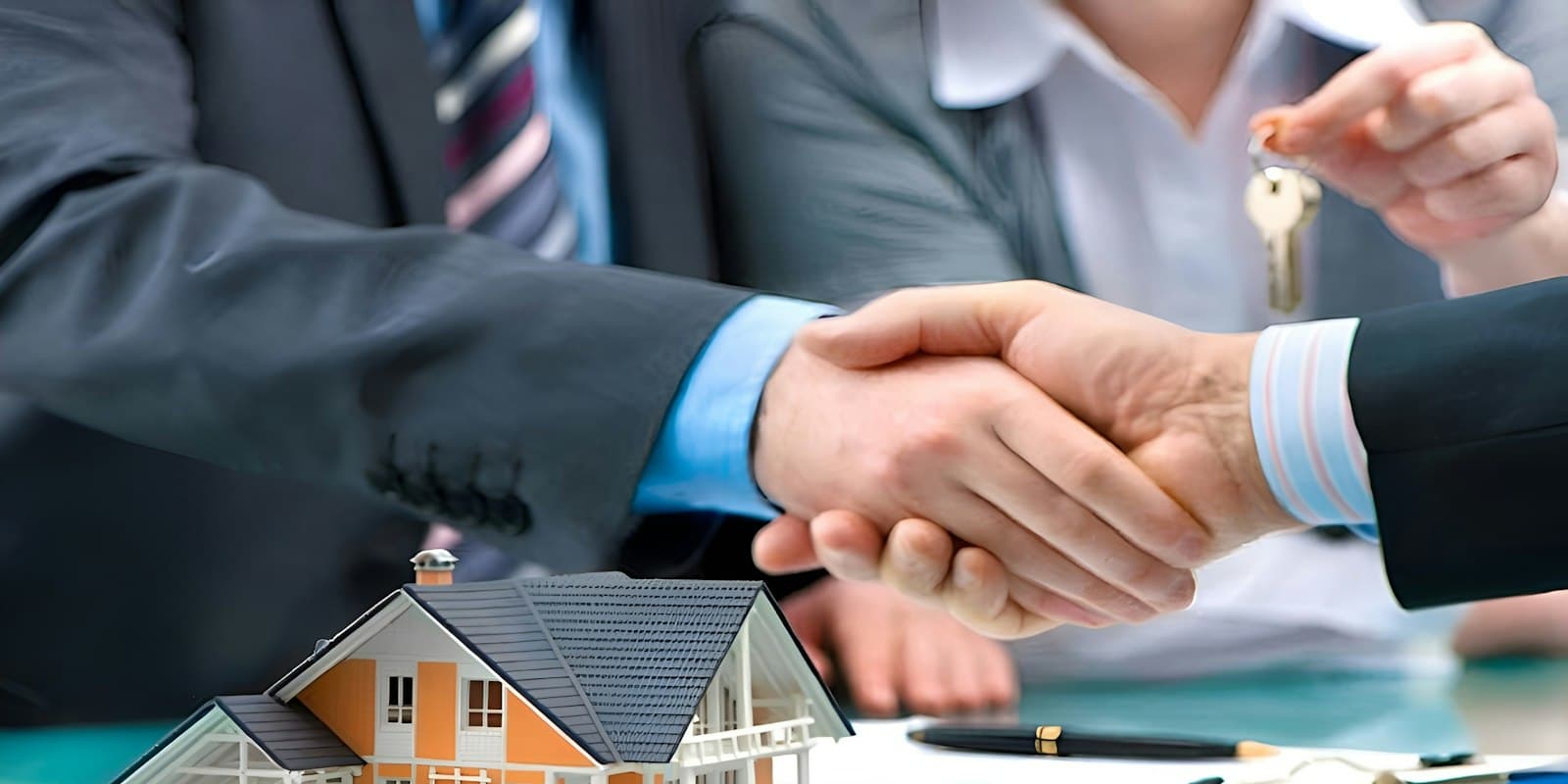 A buyer and an agent shaking hands over a model house as the keys are handed over