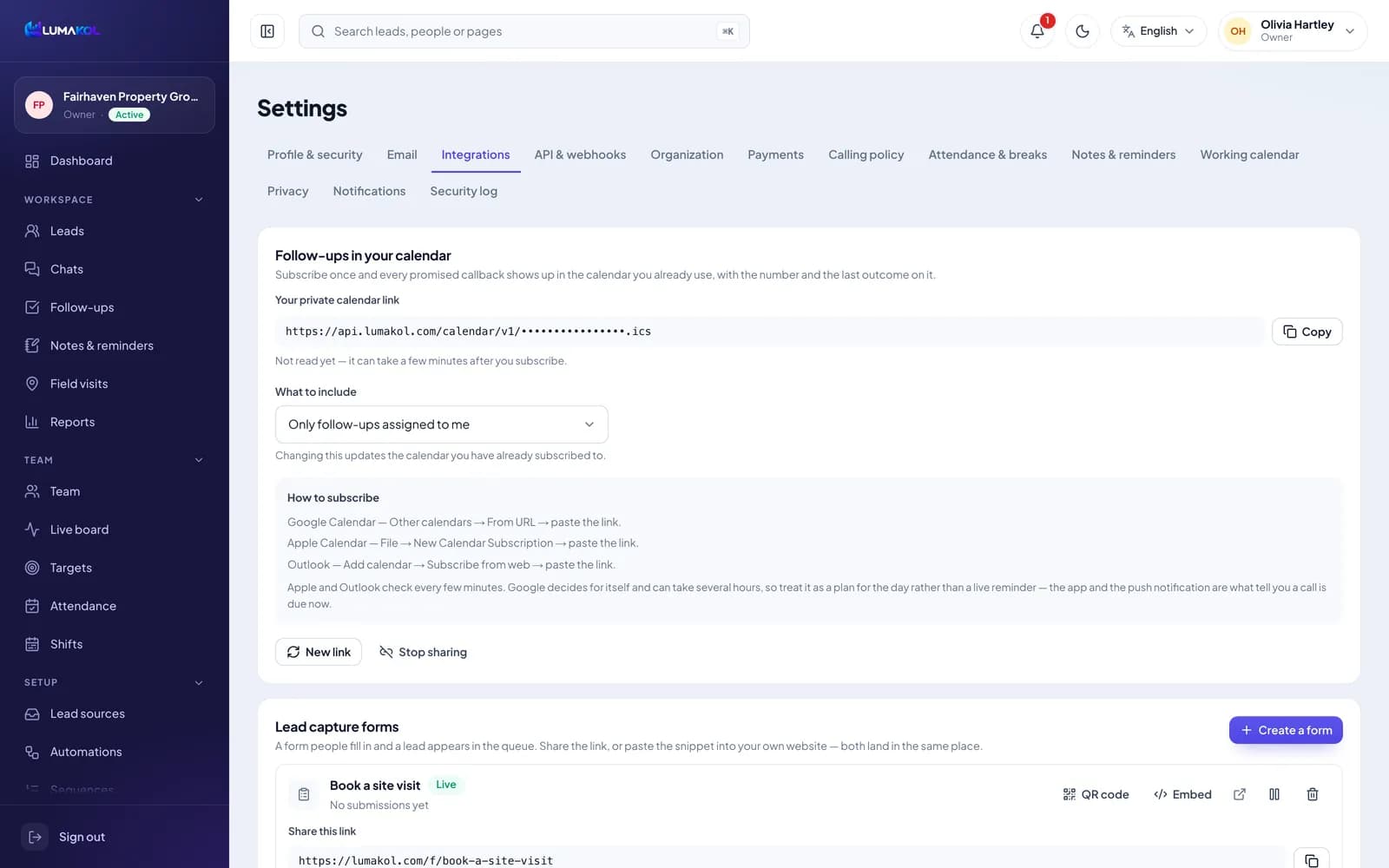 The Integrations tab in LumaKol settings, where lead capture forms are created
